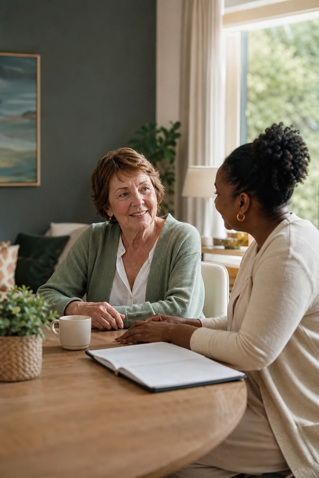 An older woman sharing a relaxed conversation with a support professional at home