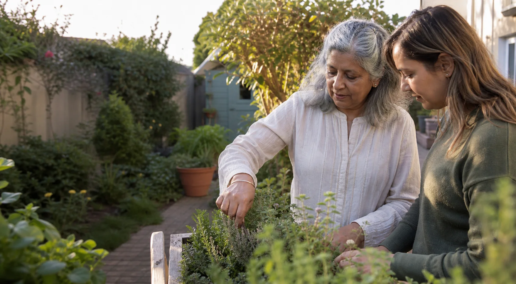 An older woman tending herbs in her garden with a support companion