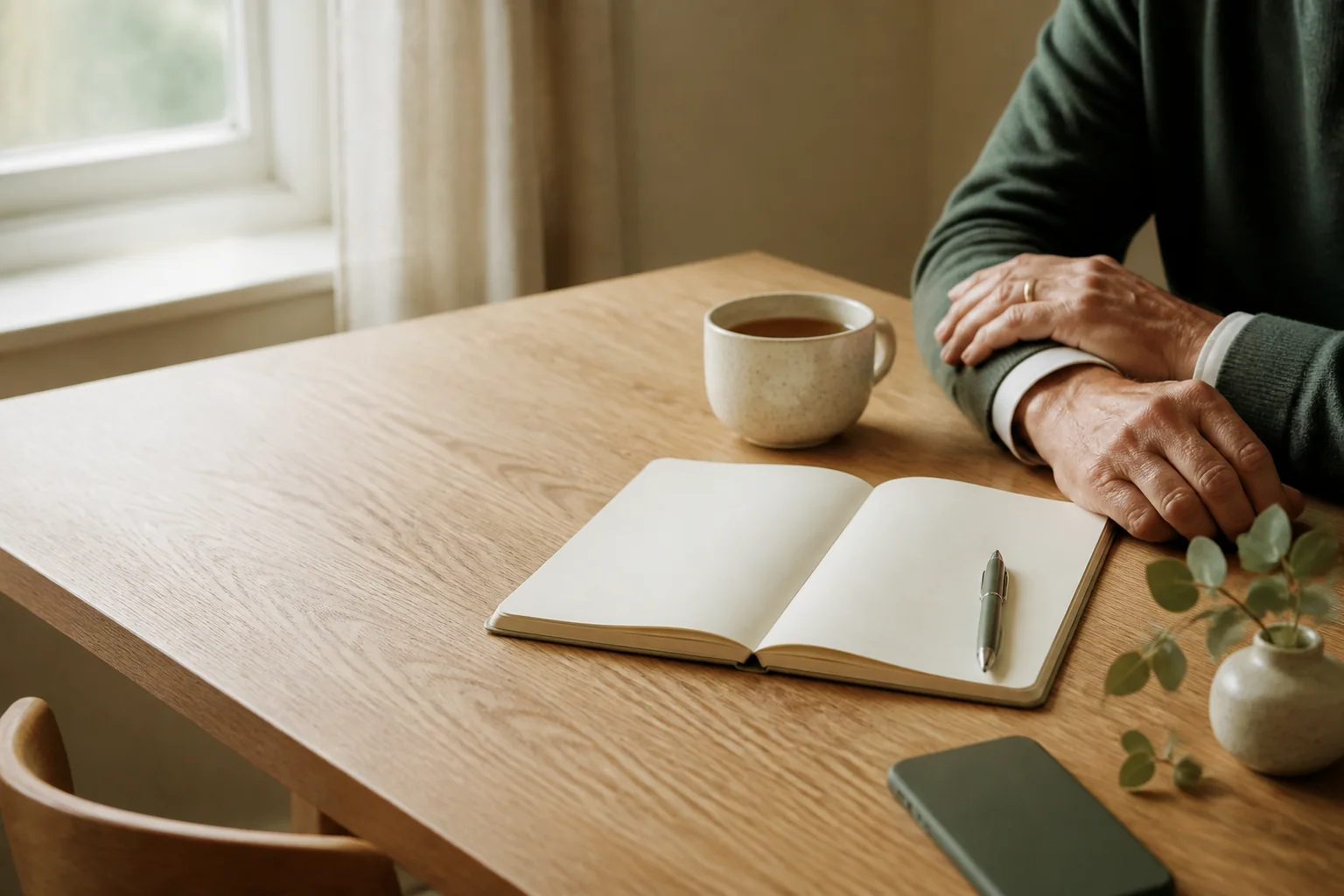A blank notebook and cup of tea ready for a thoughtful conversation